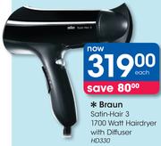 Braun Satin-Hair 3 1700 Watt Hairdryer With Diffuser HD330