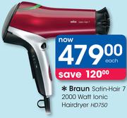 Braun Satin-Hair 7 2000 Watt Lonic Hairdryer HD750