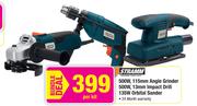 Stramm 500W 115mm Angle Grinder, 500W 13mm Impact  Drill & 135W Orbital Sander-Per Kit