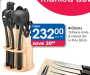 Clicks 12-Piece Knife & Utensil Set In Pine Block-Per Set