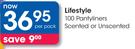 Lifestyle 100 Pantyliners Scented Or Unscented-Per Pack