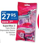 Super Max 3 Triple Blade Disposable Razors For Women 5's Pack-Per Pack