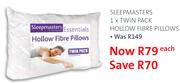 Sleepmasters 1x Twin Pack Hollow Fibre Pillows-Each