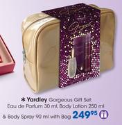 Yardley Gorgeous Gift Set:Eau De Parfum-30ml,Body Lotion-250ml & Body Spray-90ml With Bag