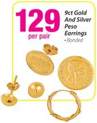 9ct Gold And Silver Peso Earrings Bonded-Per Pair