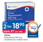 Clicks Paracetamol-500mg 24 Tablets Tub or Blister Pack-2nos