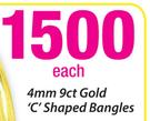 9ct Gold 4mm'C' Shaped Bangles-Each 