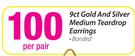 9ct Gold And Silver Medium Teardrop Earrings Bonded-Per Pair