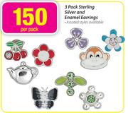 3 Pack Sterling Silver And Enamel Earrings-Per Pack