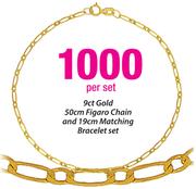 9ct Gold 50cm Figaro Chain And 19cm Matching Bracelet set-Per Set