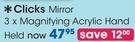 Clicks Mirror 3 x Magnifying Acrylic Hand Held-Each