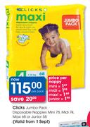 Clicks Jumbo Pack Disposable Nappies Mini 78, Midi 74, Maxi 68 or Junior 58-Per Pack