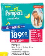Pampers New Baby or Active Baby Jumbo Pack Disposable Nappies Mini/Midi/Maxi/Junior-Per Pack