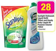 Sunlight Dishwashing Liquid Refill 750ml And Handy Andy Liquid All Purpose Cleaner 750ml