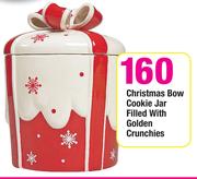 Christmas Bow Cookie Jar Filled With Golden Crunchies