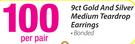 9ct Gold & Silver Medium Teardrop Earrings Bonded-Per Pair