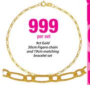 9ct Gold 50cm Figaro Chain & 19cm Matching  Bracelet Set