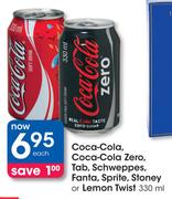 Coca-Cola, Coca-Cola Zero, Tab, Schweppes, Fanta, Sprite, Stoney Or Lemon Twist-330ml Each