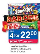 Nestle Small Bars: Bar-One, Kit-Kat, Aero, Tex Or Smarties-Any 4