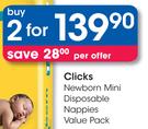 Clicks Newborn Mini Disposable Nappies Value Pack-2's Pack