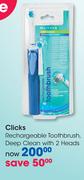 Clicks Rechargeable Toothbrush, Deep Clean With 2 Heads