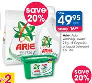 Ariel Auto Washing Powder-2kg, 14 Capsules or Liquid Detergent-1.5Ltr Each