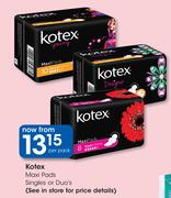 Kotex Maxi Pads Singles or Duo's-Per Pack