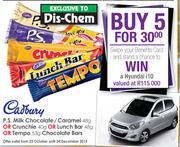 Cadbury P.S.Milk Chocolate/Caramel-48g/Crunchie-40g/Lunch Bar-48g Or Tempo-53g Chocolate Bars-Any 5