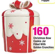 Christmas Bow Cookie Jar Filled With Golden Crunchies