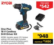 Ryobi One Plus 18 V Cordless Drill Driver Kit XD180