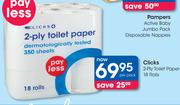 Clicks 2 Ply Toilet Paper 18 Rolls-Per Pack
