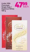 Lindor Milk Chocolate Single Slab/Hazelnut/White-100g Each