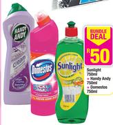 Sunlight 750Ml+ Handy Andy 750Ml+ Domestos 750Ml