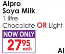 Alpro Soya Milk Chocolate or Light-1Ltr Each