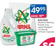 Ariel Auto Machine Washing Powder 2kg, Liquid Detergent 1.5 Litre Or 14 Power Capsules