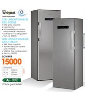 Whirlpool 374L Upright Stainless Steel Fridge+228L Upright Stainless Steel Freezer