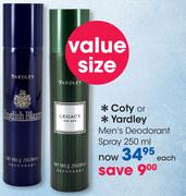 Coty Or Yardley Men's Deodorant Spray-250ml Each