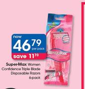 Super Max Women Confidence Triple Blade Disposable Razors 6 Pack-Per Pack