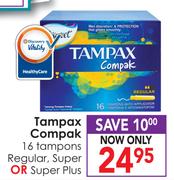 Tampax Compak 16 Tampons Regular, Super or Super Plus-Each