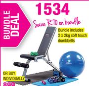 Dumbell Sit Up Bench,Medium Equipment Mat,65cm Body Ball,2kg Soft Touch Dumbbells,Airex Mat,AbRoller