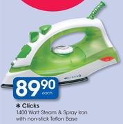 Clicks 1400 Watt Steam & Spray Iron With Non Stick Teflon Base-Each