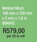 Welded Mesh 100mmx100mmx2mmx1.8m B04845-Per 25m Roll