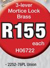 Union 3 Lever Mortice Lock Brass H06722-Each
