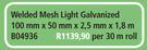 Welded Mesh Light Galvanized  B04936-100mm x 50mm x 2.5mm x 1.8m-Per 30m Roll