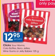 Clicks Sour Worms, Cola Bottles, Berry Jellies, Wine Gums Or Jelly Babies-125g-Per Pack