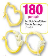 9ct Gold and Silver Creole Earrings-Per Pair