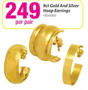 9ct Gold and Silver Hoop Earrings-Per Pair