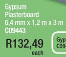 Gypsum Plasterboard 6.4mm x 1.2m x 3m C09443-Each