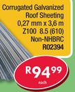 Corrugated Galvanized Roof Sheeting 0.27mm x 3.6m Z100 8.5(610)Non-NHBRC R02394-Each