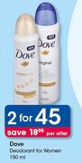 Dove Deodorant For Women-2x150ml Per Offer